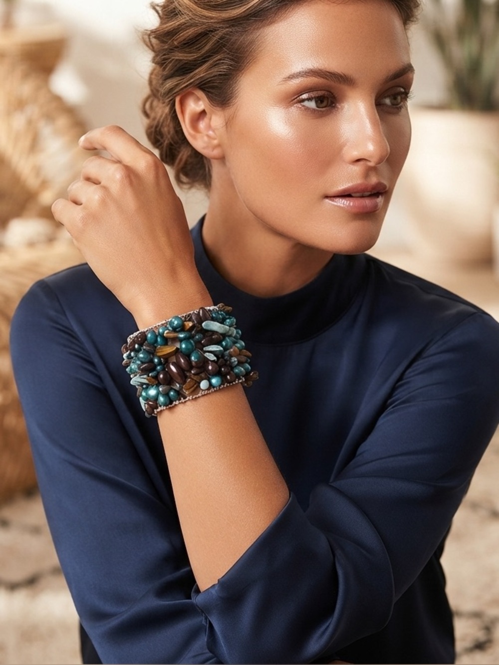 Artisan Made Turquoise & Bead 
Silver Tone Open Cuff Bracelet